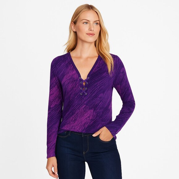NWT White House Black Market Long Sleeve Lace up Top Abstract Amethyst M #WHBM17 - Picture 1 of 8